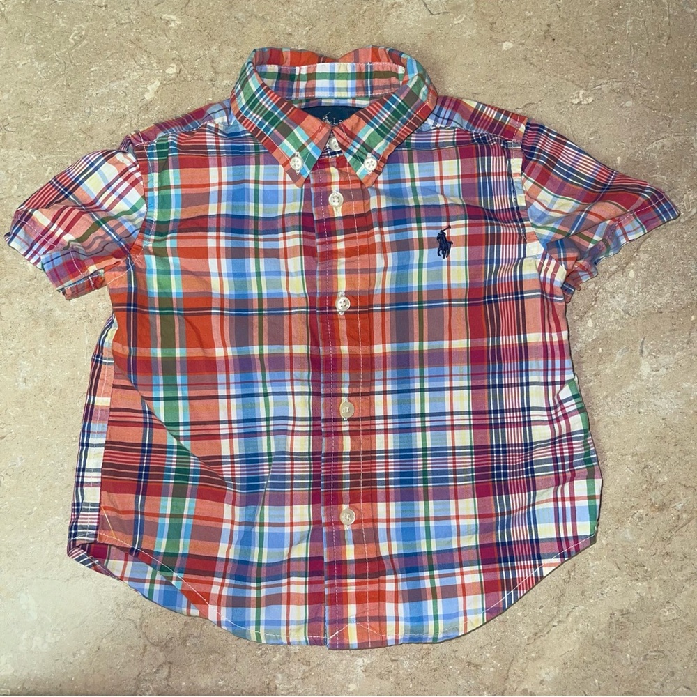 Ralph Lauren Plaid Collard Button Up Shirt Baby Boy Size 18 Months Short Sleeve